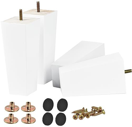 Btowin 4 inch / 10cm Solid Wood Furniture Legs, 4Pcs White Mid-Century Modern Wooden Pyramid Replacement Feet Sofa Legs with Threaded M8 Hanger Bolts &Mounting Plate &Screws for Couch Chair