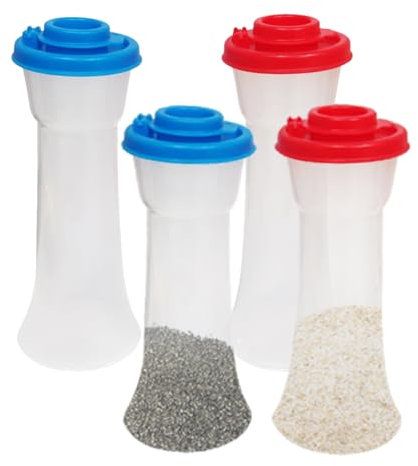 Voittozege Set di 2 saliera e pepe in plastica con coperchio, grande contenitore a prova di umidità, contenitore per sale e pepe a clessidra, per cucina di casa, rosso e blu