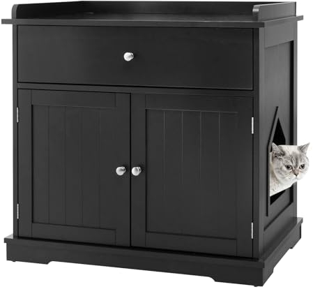 SOARS Maison de Toilette Chat avec 2 Portes et Tiroir, Armoire en Bois pour Chats avec Entrée Latérale, Abri Multifonction pour Salon, Chambre à Coucher et Entrée, 76 x 53 x 74 cm (Noir)