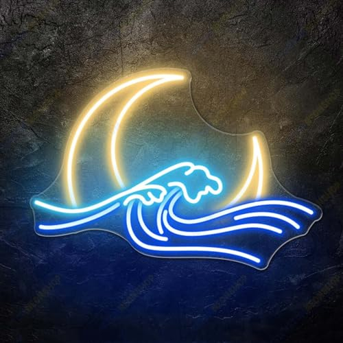 Luce al neon a LED in acrilico con segni di luna e onda con interruttore dimmerabile, per camera da letto dei bambini, sala giochi, dormitorio, casa, bar, decorazione da parete, lampada notturna per