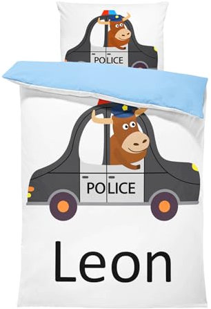 Pictogogo Personalisierte Baby Bettwäsche mit Polizeiauto, Wählbare Unterfarbe aus Baumwolle, Kinderbettwäsche Mit Namen, Babybett Komplett Set Mit Reißverschluss (Polizeiauto, 135 x 200 cm)
