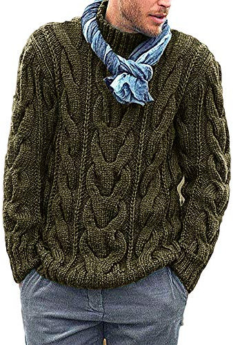 Runcati Knitted Mens Jumper Cable Knit Sweater Long Sleeve Ribbed High Neck Winter Pullover Thick Knitwear, Green, L