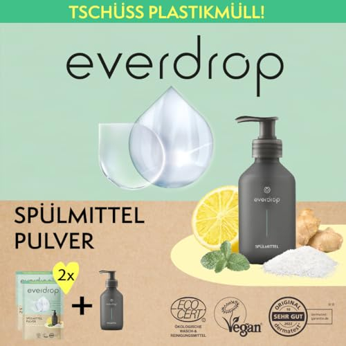 everdrop Spülmittel Starter Set (2x 25g Pulver - inklusive Spülmittelflasche) - Effektiv und nachhaltig starke Reinigung gegen Fett mit Limonen-Minze-Ingwer Duft