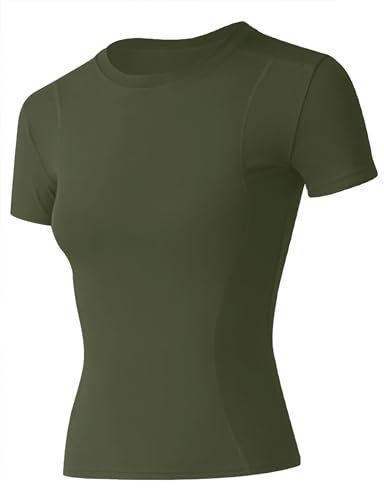 IECCP Sport T-Shirt Damen Kurzarmshirt Frauen Workout Tops Rundhalsausschnitt Athletisch Lässig Laufen Yoga Fitness T-Shirts eng Basic Tee Armeegrün XL