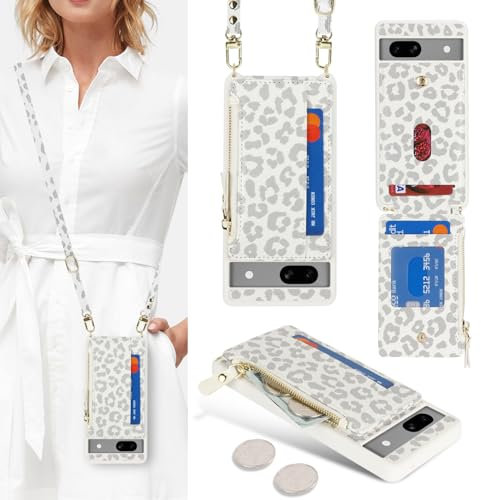 SailorTech Handyhülle für Google Pixel 7a Etui mit Kartenfach, Google Pixel 7a Hülle mit Verstellbarer Halskette, Google Pixel 7a Handytasche mit Reißverschluss Geldbörse-Weißer Leopard