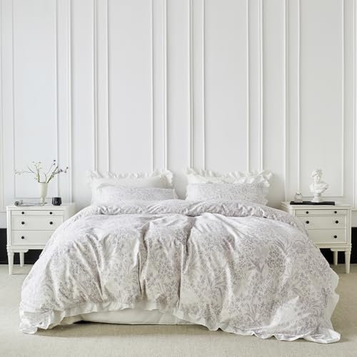 SUSYBAO Lavender Floral Duvet Cover King 100% Cotton Lilac Botanical Duvet Cover 3 Pieces Set 1 Vintage White Ruffle Duvet Cover with Zipper Ties 2 Pillow Shams French Flower Bedding Set Soft