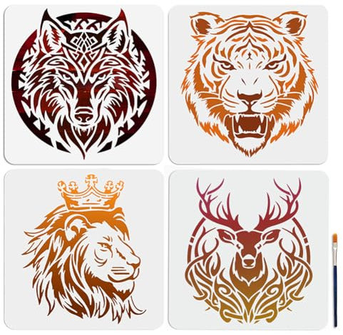 MAYJOYDIY 4 Pochoir de peinture pour loup et tigre Pochoir Lion Cerf 30×30cm avec Pinceau Modèle de Thème Animal Modèles en Plastique Réutilisables pour Fenêtre en Bois Bricolage Album Photo