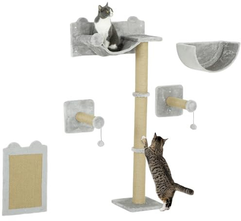 PawHut Katzen Kletterwand 5 TLG. Klettern Katzenkratzbaum mit Kratzpfosten, Hängematte, Sprungplatt, Wandkratzbaum, Wand Katzenmöbel für Katzen bis 5 kg, Polyester, Hellgrau