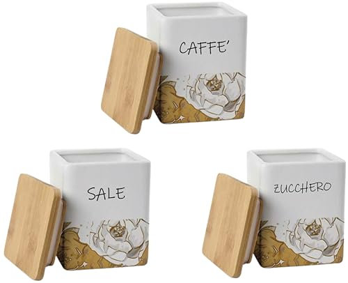 MECSAL CASALINGHI Set 3 Barattoli Decorati Contenitori, Tris Sale Zucchero Caffè, in Ceramica Tondi, con Tappo in Legno, Stile Shabby (1, Quadrato Lux)