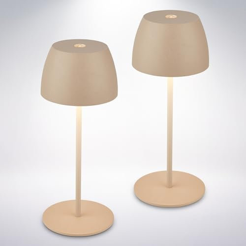 BRILONER - 2er Set Mini LED Tischlampe kabellos IP44 mit Touch, stufenlos dimmbar, Akku & Lichtquelle tauschbar, Nachttischlampe, Dekolampe, Akku Tischleuchte, 8x20 cm (DxH), Beige