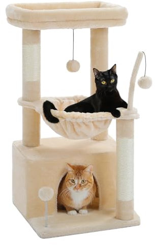 PAWZ Road Kleiner Katzenbaum für Indoor-Katzen mit Hängematte, Katzenturm mit Sisal-überzogenem Kratzbaum, großer oberer Sitzstange, Katzenkratzbaum, Beige 83 cm