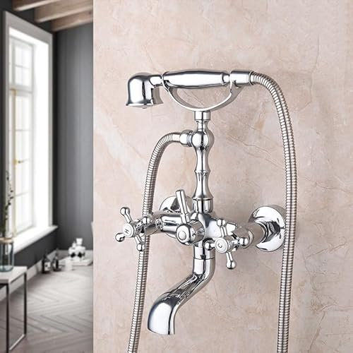 DECAKE Robinet mitigeur de Baignoire Mural avec pommeau de Douche et poignée en Croix Kit de mitigeur de Baignoire-Douche à Double Levier Mural rétro pour Salle de Bain, Chrome