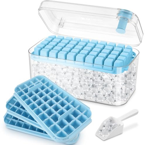 Bac a Glacons avec 150 Cubes de Glace, Glaçons Moule avec Couvercles incluant un Couvercle et un Récipient, il suffit d'appuyer pour libérer la Glace, 3 Niveaux, 1 Seau à Glace et une Pelle （Bleu）