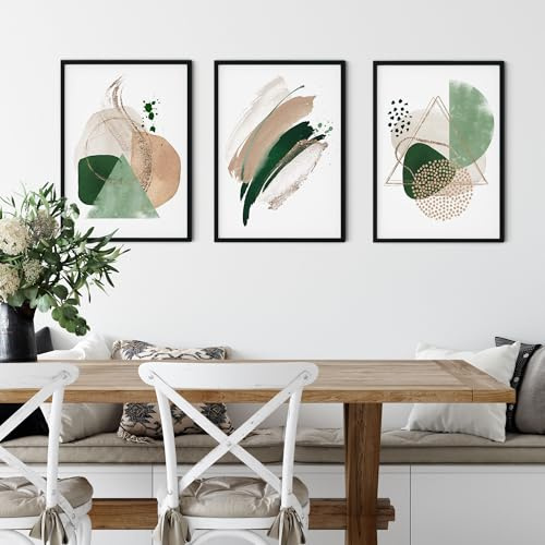 ARTZE Set of 3 Abstract Green and Beige Wall Art Black Frames Size: (A3-33 x 45 cm)