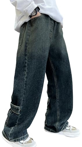 Happy Cherry Baggy Jeans for Boys Wide Leg Denim Cargo Pants Elastic Waist Kid Jean with Pockets 13-14 Years
