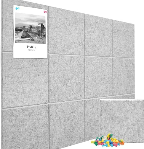 Kork Board Alternative 120 x 90 cm Pinnwand für Home Office Küche Fotos Memos – 12 Stück abnehmbare Filz-Wandfliesen mit 30 Reißzwecken – Silbergrau
