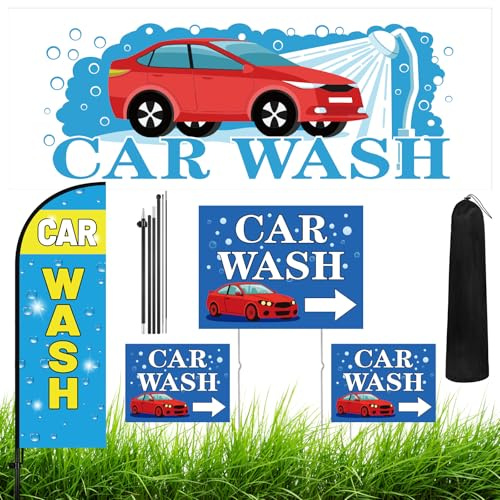Mindsoft 5 Set Car Wash Sign Include 7 ft Feather Advertising Flag with Pole, 3 Car Wash Yard Sign with Stake, 8 x 11 ft Banner for Outdoor Business Stores Promotion Decoration