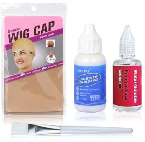 Perücken Kleber Set, Perückenkleber + Haarkleber Entferner + Perücke Kappen + Kleberauftragspinsel, Wig Glue, Perücken Kleber Entferner, unsichtbare Verklebung, für Perücken, Hair Extensions