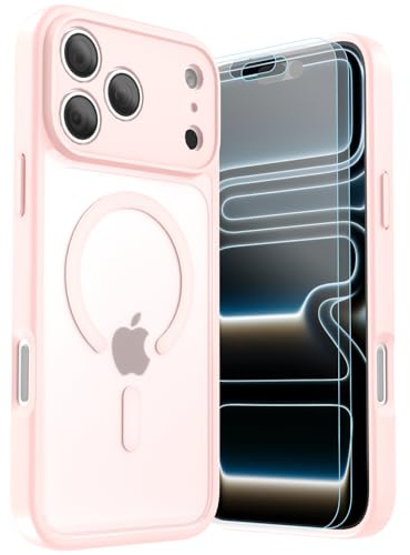 LUNOVATE for iPhone 17 Pro Max Case Matt, Magnetic Shockproof 14FT Military Protective Cover, Anti-Slip Texture Translucent Matte Phone Case with 2 Screen Protector for iPhone 17 Pro Max - Pink Matte