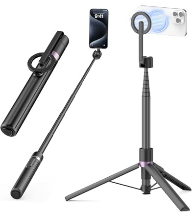 TONEOF 173cm Palo Selfie Magnetico Trípode para Movil,Soporte Magnético de Aluminio&Giratorio de 360°,Trípode Viaje Retráctil con Anillo Metálico&Control,Kits Vídeo para iPhone/Android-Negro Morado