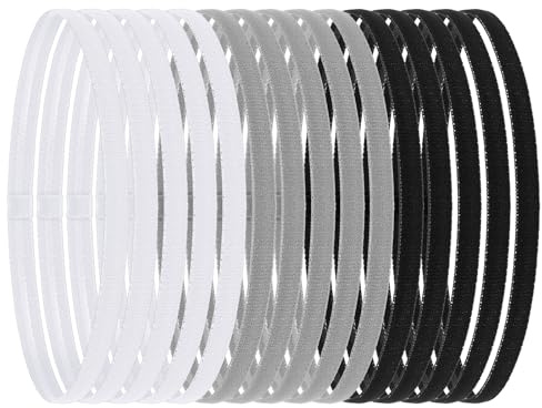 15 Stück Sport Haarband Jungs, Rutschfeste Stirnband Damen Dünn | Elastische Silikon-Haarbänder Herren, für Fitnessstudio, Hockey, Fußball, Tennis, Yogalaufen, Schwarz, Weiß, Grau