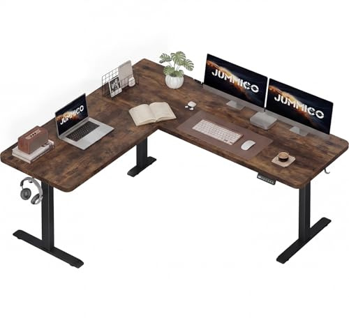 JUMMICO Eckschreibtisch Höhenverstellbar mit 3 Speicherhöhen, Braun | 160x140cm L-förmig Höhenverstellbarer Schreibtisch mit Kabelkanal uund 2 Haken, Ergonomischer Computertisch für Homeoffice