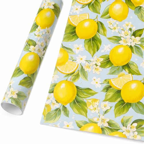 Geschenkpapier 70cm x 2m Rolle Zitronen & Blüten - Geschenkpapierrolle im mediterranen Design - Verpackungspapier für Geburtstag Mitbringsel Überraschung - Packpapier - Hellblau Gelb