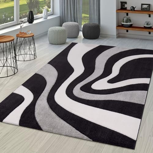 TT Home Wohnzimmer Teppich Moderner Kurzflor 3D Optik Geometrisches Wellen Design, Farbe:Schwarz, Größe:80x150 cm