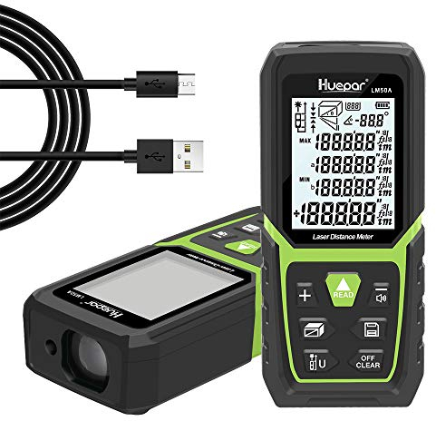Metro Laser 50M, Huepar Telemetro Laser Distanziometro Laser Impugnatura Portatile Strumento di Misura Digitale Rilevatore di Portata Display LCD a 4 Righe Retroilluminato Grande IP54 Antiurto
