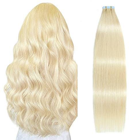 SUYYA Tape Extensions Echthaar,Invisible Tape in Extensions Echthaar Seidig Gerade Remy Tape Haarverlängerungen Echte Menschliches Haar 20 Zoll 50cm 20 Stück 50G #613 Bleichblond