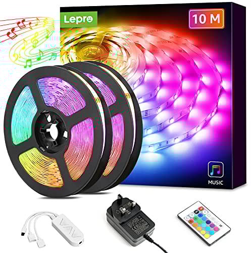 Lepro LED Strip Lights Music Sync 10M (2x5M), 5050 RGB Colour Changing LED Strip with Remote and Plug, Dimmable Stick on LED Lights for Bedroom, Kitchen, Party, Teen Girl Kids Room Decor