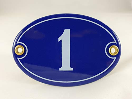 Emaille Hausnummer Schild Nr. 1, oval, Blau-Weiß Handarbeit