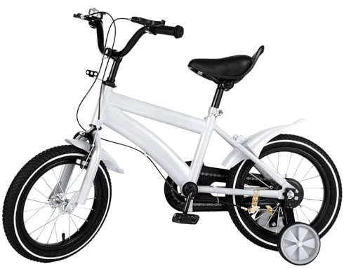 DIFU Kinderfahrrad 14 Zoll Jungen Mädchen 3 Rad Fahrrad ab 3-6 Jahre, mit Abnehmbare Stützräder (Weiß)