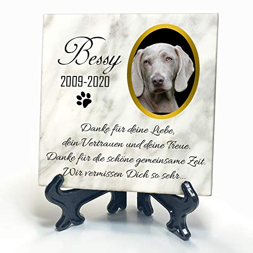 Individueller Personalisierter Weißer Natur Marmor Gedenkstein + Ständer für Hunde, Katze und andere Haustiere - Größe 10 x 10 cm - Personalisiert Text und Foto