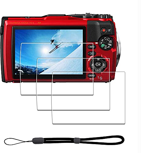 iDaPro Displayschutz schutzfolie für Olympus Tough TG-7 TG-6 TG-5 TG-4 TG7 TG6 TG5 TG4+ Handschlaufe [3+1Stück] Schutzglas Tempered Glass Screen Protector 9H Härte Gehärtetes Glas