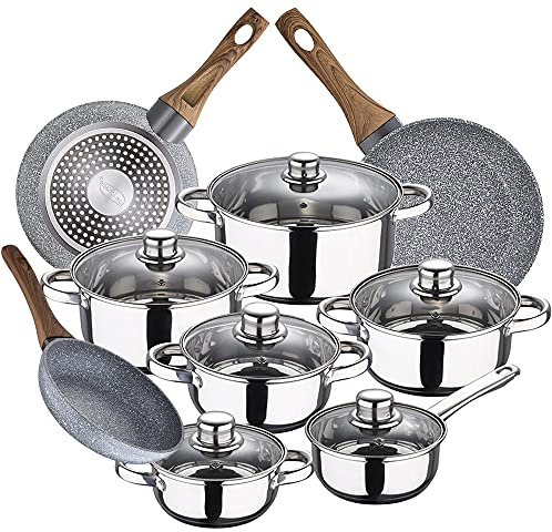 SAN IGNACIO Cassel Kochgeschirr-Set, 12-teilig, Edelstahl, mit Pfannen-Set (18/26/28 cm) SAN IGNACIO Daimiel aus geschmiedetem Aluminium