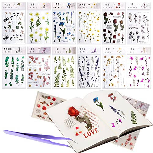 Blumen Aufkleber Sticker Scrapbooking Vintage PET Scrapbook Pflanzen Stickerbögen für DIY Dekoration Fotoalbum Kalender Notizbuch Tagebuch Sammelalbum Kunst Basteln Aufzählungszeichen Laptops
