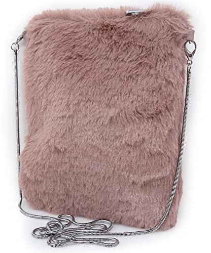Borsetta tracolla pelliccia rosa cipria ecologica eco piccola Borsa pochette da donna ragazza con zip cerniera elegante per sera party cerimonia clutch autunno inverno invernale Cipria