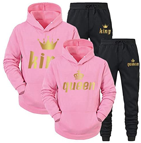 Minetom King Queen Imprimé Survêtement Couple Ensemble de Sport Jogging Femme Homme Sweat à Capuche et Pantalon 2 Pièces Set