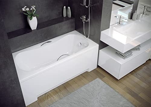 ECOLAM® Badewanne Rechteck Acryl Aria weiß 130x70 cm + 2 Handgriffe + Schürze Ablaufgarnitur Ab- und Überlauf Automatik Füße Silikon Komplett-Set