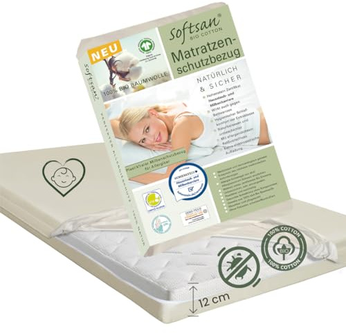 Softsan Encasing für Kinder Matratzen aus Bio Baumwolle | Schutzbezug für Allergiker | Anti Milben Schutzbezug | Weltneuheit (70 x 140 x 12 cm)
