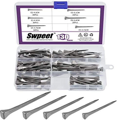 Swpeet 130Pcs 5 Misure E2 E3 E4 E5 E6 Kit Assortimento Chiodi a Ferro di Cavallo 4,6 4,3 4,6 2 5,3 cm Cavallo Zoccolo Unghie Strumenti Fix Cavallo Chiodo Palma per Cavalli Corsa Cavallo