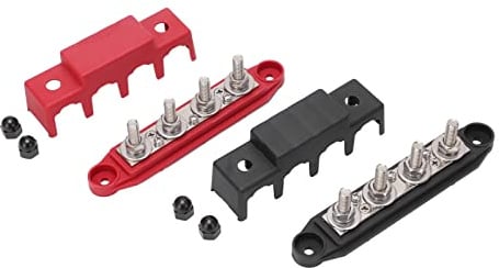 Pasamer 4 Terminal Distribution Block, Black + Red M8 4 Stud Power Distribution Block Busbars with 2 Cover and 4 Nuts, for Cars, RVs, Boats, Yachts