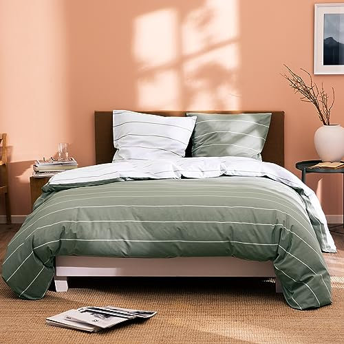 MATT & ROSE Parure de Lit 140x200 cm Stripes Imprimée Réversible | 100% Coton | Oeko-TEX | Housse de Couette 140x200 cm + 1 Taie d'oreiller 65x65 cm | Lichen