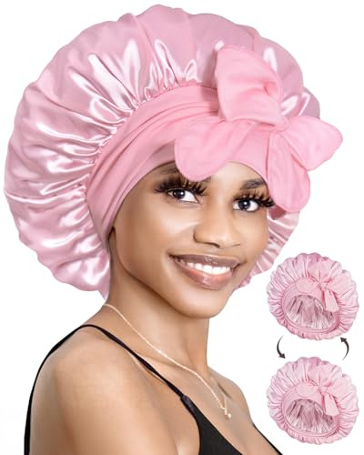 BONNET QUEEN Satin Schlafhaube für Damen, doppellagige wendbare Satinhaube zum Schlafen, Haarhaube mit Bindeband für lockiges Haar, Zöpfe und Nachtpflege, Rosa