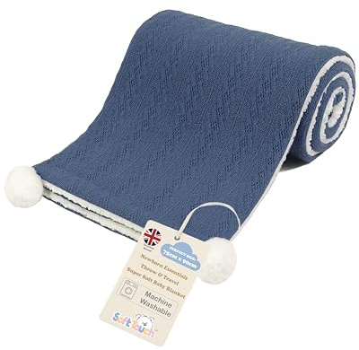 Soft Touch cable knit wrap with fluffy sherpa back and white pom poms - Steel Blue