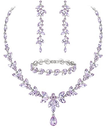 EVER FAITH Schmuckset Österreichisches Kristall Braut Schmuck-Set, elegante Marquise Strass Blatt Halskette mit baumelnden Ohrringen Tennis-Armband-Set, Hellvioletter Silberton