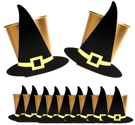 Halloween Party Cups Witch Hats - Pack of 10 Gold Paper Cups with Attachable Black Witch Hats - Do It Yourself Halloween Party Tableware Decoration