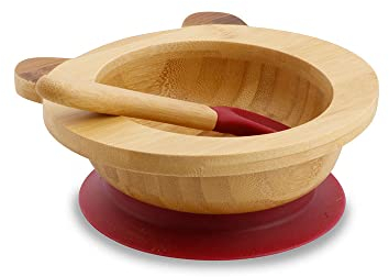 GREENBOX Bambusschalen-Set Panda I Saugnapf-Schüssel mit Löffel - FSC-zertifiziert I tolles Bambus Holz-Schüssel-Set f. Kinder - Baby-Brei-Schüssel & Müslischale I Baby Bambus-Geschirr rot