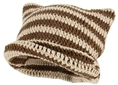 Crochet Hats for Women,Knitted Hat Cat Beanie Vintage Beanies,Women Grunge Y2K Punk Gothic Accessories Slouchy Beanies,Winter Warm Beanie Cap,Knit Crochet Hat with Cat Ear Striped Streetwear (Brown)